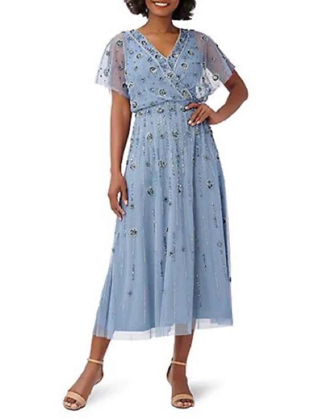 Adrianna Papell Light Blue Beaded V-Neck Maxi Dress